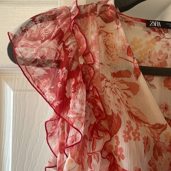 Zara Floral Red Patchwork Sheer Midi Sleeveless Dress M - Picture 6 of 16